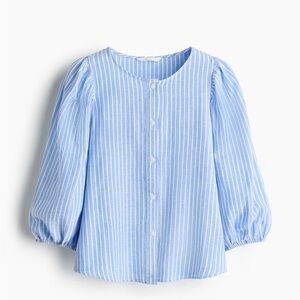 H&M Blue and White Striped Puff-Sleeve Blouse